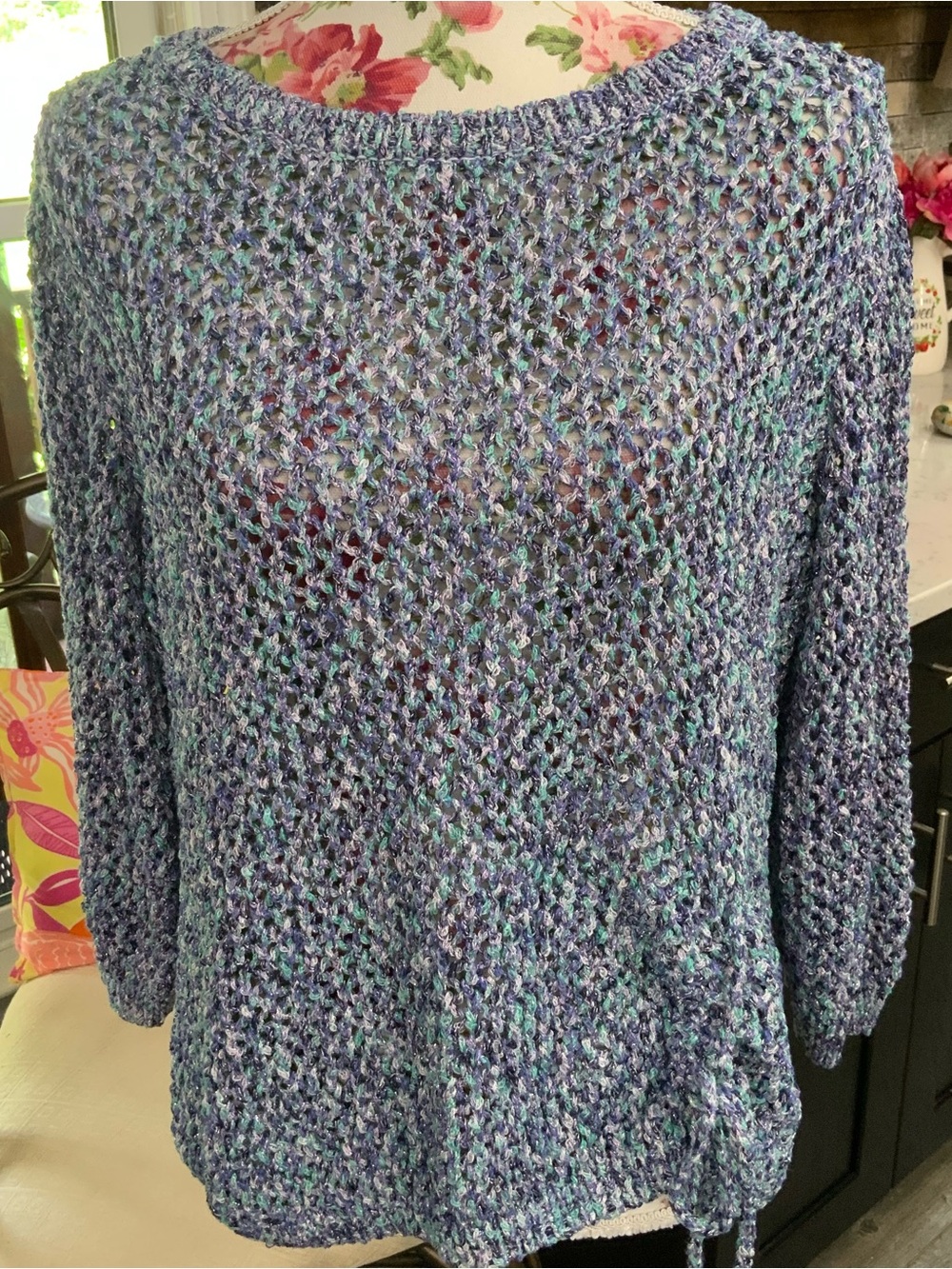 Ruby Rd Woman 1X Fisherman Sweater Purple Blue Metallic Drawstring Open Knit